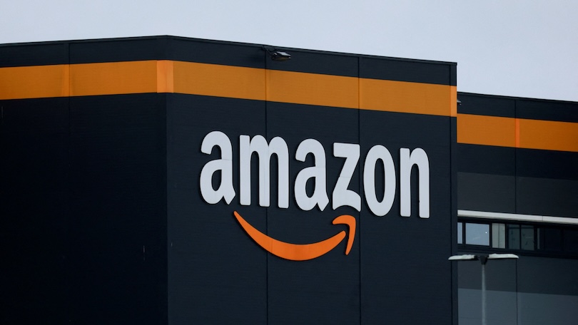 The logo of Amazon at the company's logistics centre